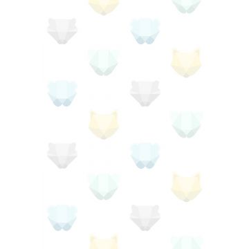 Fototapete Origami Tierköpfe Pastell Mintgrün, Pastellblau, Pastellgelb, Hellgrau und Weiß